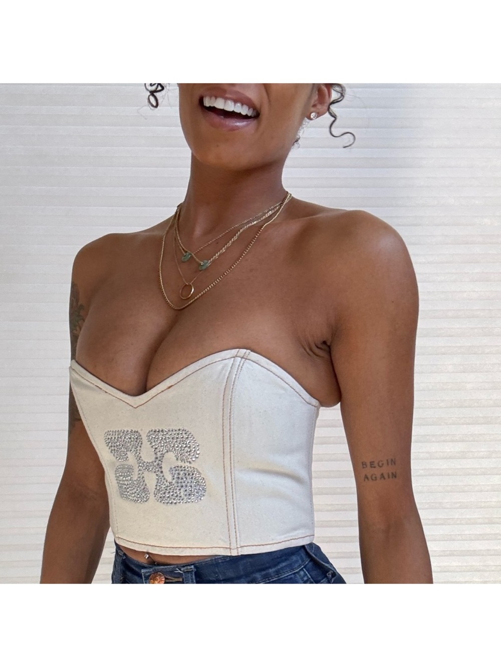GANNI Off-White Sparkle Denim Organic Cotton Vanilla Ice Rhinestone Corset SZ 36
